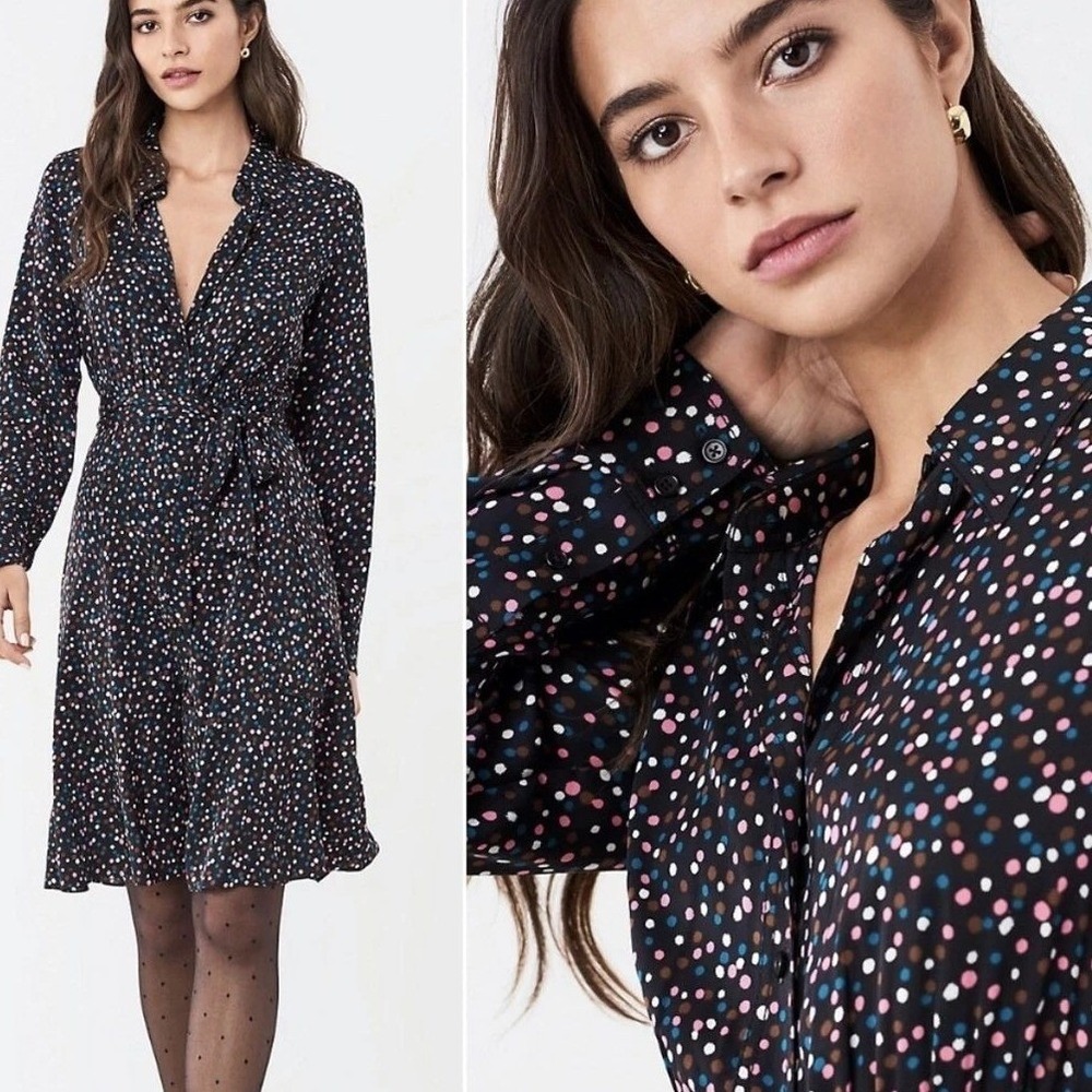 Diane von Furstenberg Silk Black Confetti Polka Dot Shirt Dress Multi Size S - Picture 1 of 5